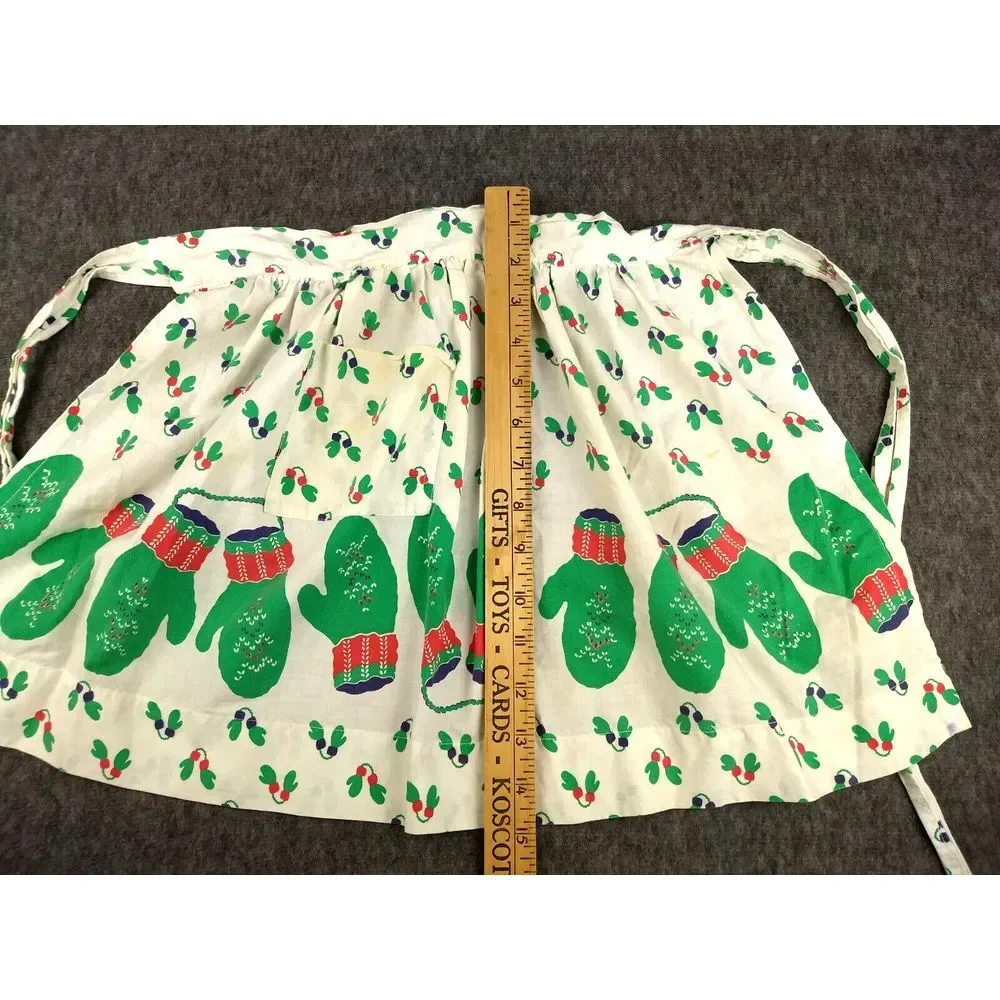 Vintage Cloth HALF APRON Holiday Christmas Lights Mittens White Green Red Pocket